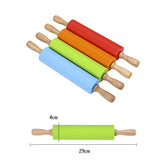 kn055 Solid Wooden Handle Silicone Rolling Pin Non-stick Food Dumpling Stick, Length: 29cm, Random Color Delivery